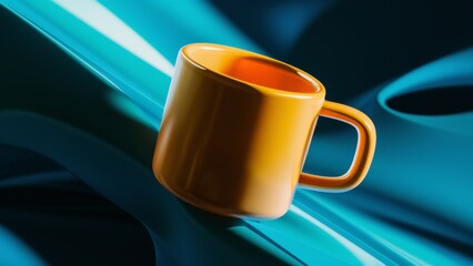 Poster - A close up of a yellow mug sitting on top of blue fabric, AI