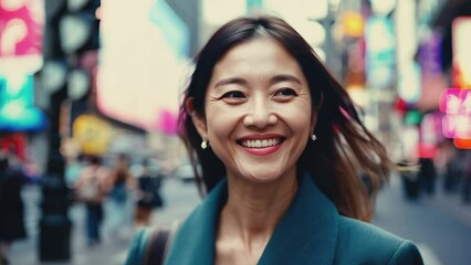 Sticker - Asian woman smiling face portrait on city street