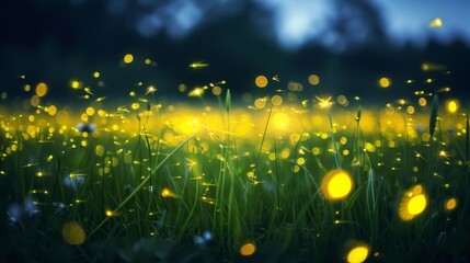 Poster - A field illuminated by the soft glow of fireflies on a summer night