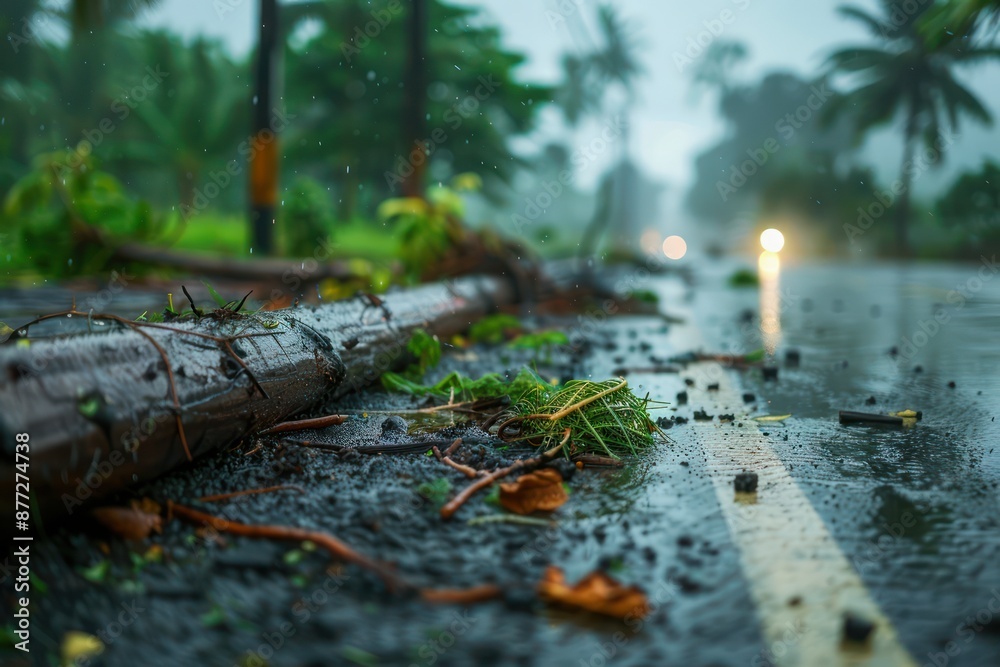 Cyclone Damage Fallen Tree Blocking Road in Heavy Rain, Aftermath of ...