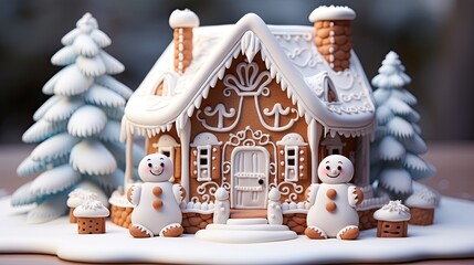 Canvas Print - a gingerbread house is on a plate with a small tree in the background.