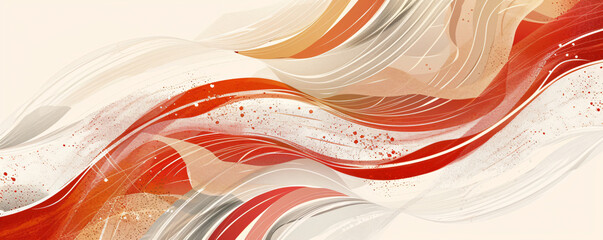 Poster - Abstract background with stripes of red and white in the style of digital painting. Abstract composition of light brown and dark beige, flowing lines, monochrome shadows, soft edges, and layered textu