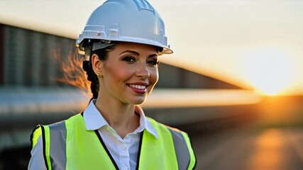 Canvas Print - A smiling woman in a hard hat, likely an architect, engineer, or construction worker, stands proudly on a busy work site