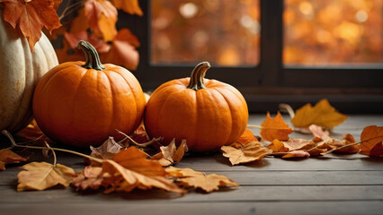 Wall Mural - Autumnal still life with two orange pumpkins and leaves creating warm and inviting scene