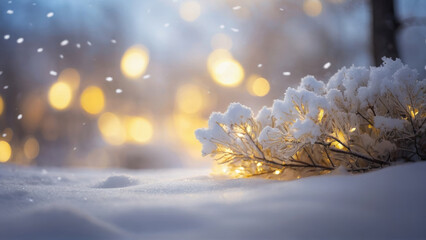 Poster - Snow-covered branch with warm lights in background creating cozy winter scene