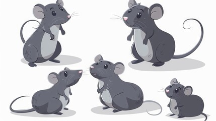 The mouse cartoon illustration set includes little house mice or rats with long tails on white background. Animal, rodent concept illustration.