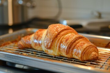 Sticker - Delicious, flaky croissant cooling on a rack after being baked to perfection