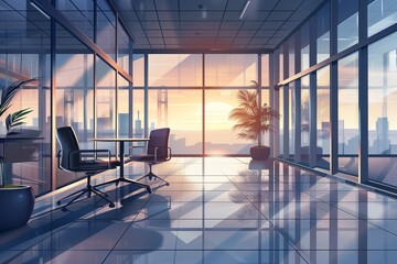 Poster - A stylish modern office interior in shades of gray and blue, illustrated in a flat style, with floor to ceiling windows and glass partitions, sleek furniture and warm sunset light,