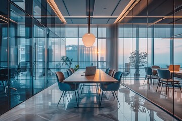 Poster - A stylish office interior in modern gray and blue tones, with floor to ceiling panoramic windows and transparent glass partitions, sleek and minimalistic furniture softly blurred,