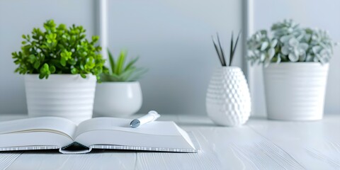 Wall Mural - An open book and pen among vases and plants create a serene scene. Concept Still Life Photography, Interior Decor, Creative Composition, Nature Elements