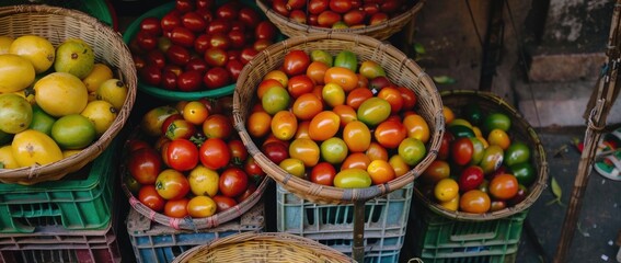 Wall Mural - Baskets of colorful fruits at the market