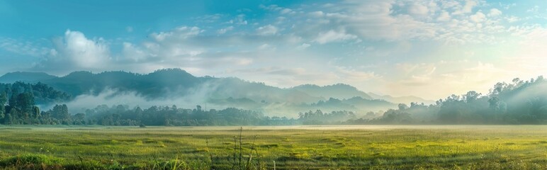 Wall Mural - Beautiful morning landscape with meadow and mountains in the background