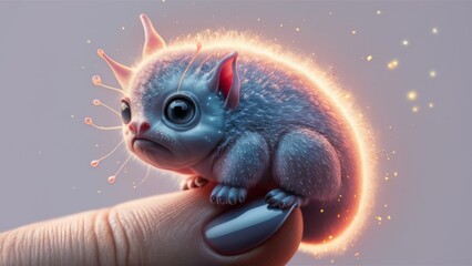 Wall Mural - A small creature is sitting on a finger with some dots, AI