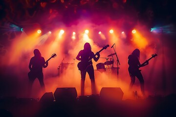 Band Silhouette. View of stage during rock concert with musical instruments and scene stage lights, rock show performance. Electric guitar