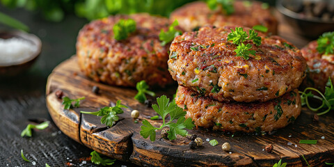 Wall Mural - Vegetarian cutlets without sugar with herbs, laid out on a wooden surface.