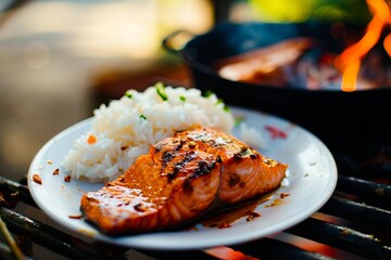 Wall Mural - grilled salmon with rice and vegetables.