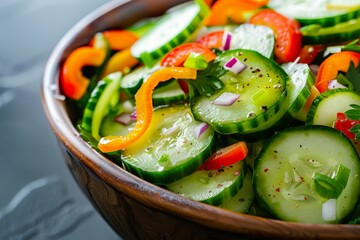 Wall Mural - Fresh Cucumber Salad with Vibrant Vegetables - Healthy Food Photography for Posters and Menus