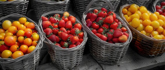 Poster - baskets of fresh fruits and vegetables for sale at an outdoor farmers market