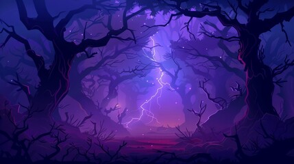 This is a scary creepy magic jungle purple border with a dry liana vine with glow and twisted branches for user interface design. This is a cartoon modern illustration set of scary creepy magic