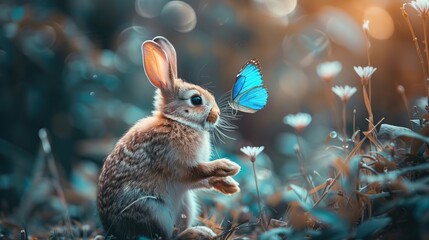 Wall Mural - A Curious Bunny Encounters a Butterfly