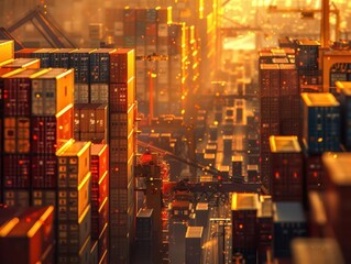 Wall Mural - bustling cargo port at sunset containers stacked high golden light reflects off ship hulls sense of global commerce industry in motion