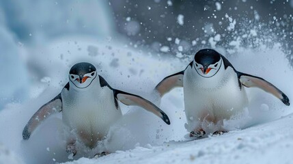 Canvas Print - Two Penguins Sliding on Snow