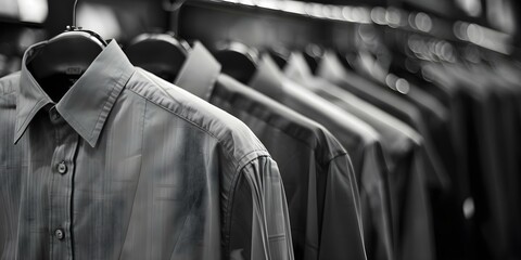 Monochrome photo of shirts on a rack ideal for fashion catalogs. Concept Fashion Photography, Monochrome Style, Wardrobe Display, Catalog Shoot, Clothing Editorial