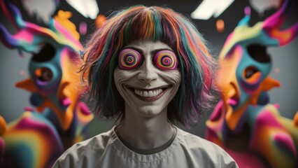 Sticker - A woman with colorful hair and eyes painted on her face, AI