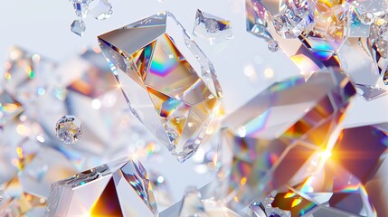 Poster - Realistic of clear and colorful crystals tumbling through the air against a pure white background, with a focus on the intricate facets and light reflections.