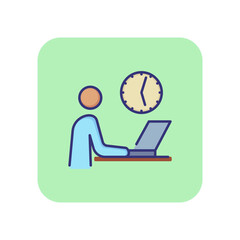 Poster - Office day line icon. Clock and man using laptop. Time schedule concept. Can be used for topics like office job, business, modern technology