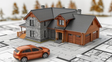 A highly detailed 3D rendering of a two-story residential house with stone and wood finishes on blueprint plans.