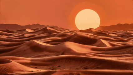 Canvas Print - A desert scene with a large sun setting in the distance, AI