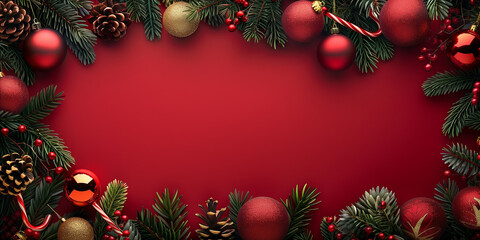 Wall Mural - Festive holiday banner with red background, decorated with Christmas ornaments, candy canes, pinecones, and evergreen branches along the top and bottom edges.