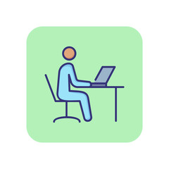 Poster - Work on computer line icon. Man sitting at table and using laptop. Workplace concept. Can be used for topics like office job, business, modern technology