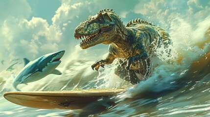 Wall Mural - Dinosaur Surfing with Sharks