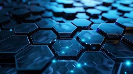 Poster - Illustration of a glowing blue hexagons pattern rendered in 3D