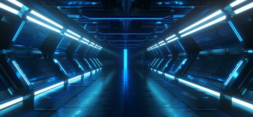 Poster - neon laser fluorescent tubes on metal reflecting floors, futuristic underground room garage empty ba