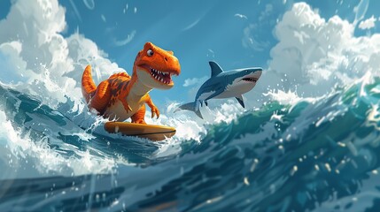 Wall Mural - Dinosaur Surfing with a Shark