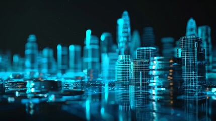 Cyberspace or smart city concept, skyscrapers rendered with particles (3D).