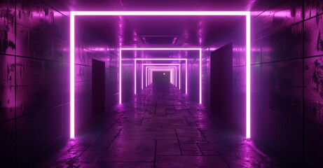 Poster - an abstract sci-fi design with gradients in blue violet pink neon. a glowing corridor reflected in t