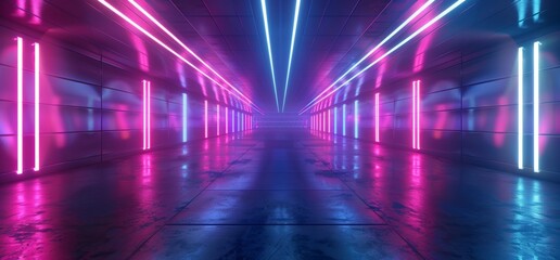 Poster - An abstract futuristic sci-fi laser neon shape with a vibrant purple blue stage backdrop in a grungy concrete dark tunnel hall corridor garage fashion party.