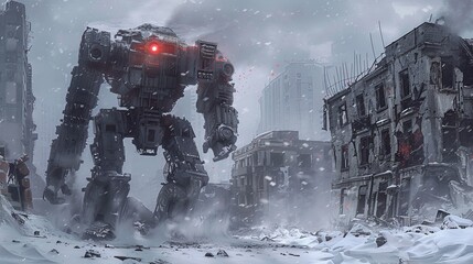 Poster - The ruins of apocalyptic city are dominated by a gigantic military robot. 3D rendering of the scene.