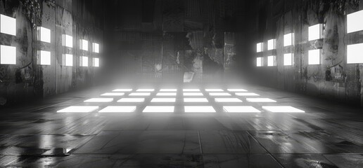 Poster - empty grunge concrete modern room ceiling white led lights rectangle shape hall garage underground i