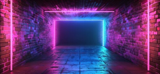 Canvas Print - The 3D rendering contains neon sci-fi retro modern glow pantone blue purple red club neon dance tunnel corridors brick garages underground with reflective concrete at night