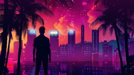 At sunset, a neon-lit futuristic cityscape reminiscent of the vaporwave