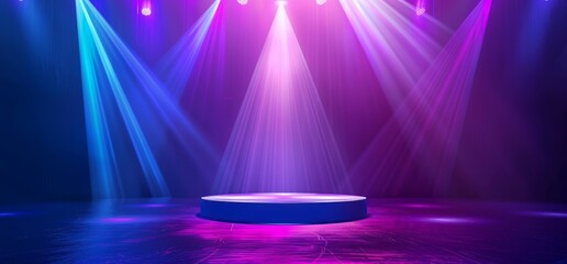 Canvas Print - 3D rendering of a stage with neon lasers, a retro blue purple construction dance floor, and an empty hallway inside a tunnel garage.