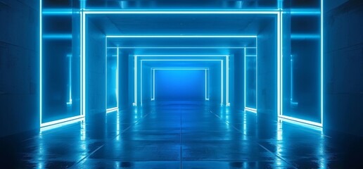 Poster - futuristic blue neon lines garage tunnel corridor car empty studio background white windows light gl