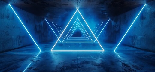 Poster - 3d rendering of a sci-fi futuristic spaceship shown in neon blue lights with a concrete grunge refle