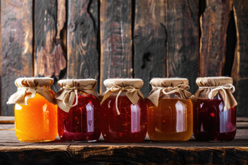 Wall Mural - Jars with different sweet jam and honey on the rustic wooden background, autumn seasonal preserved food concept