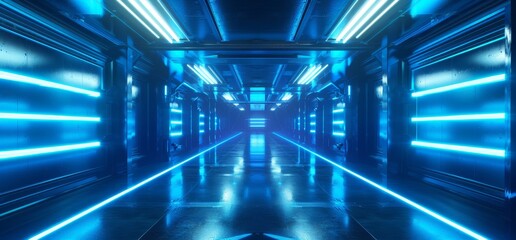 Poster - future neon laser fluorescent tubes tunnel corridor reflected metal reflective floor concrete walls 